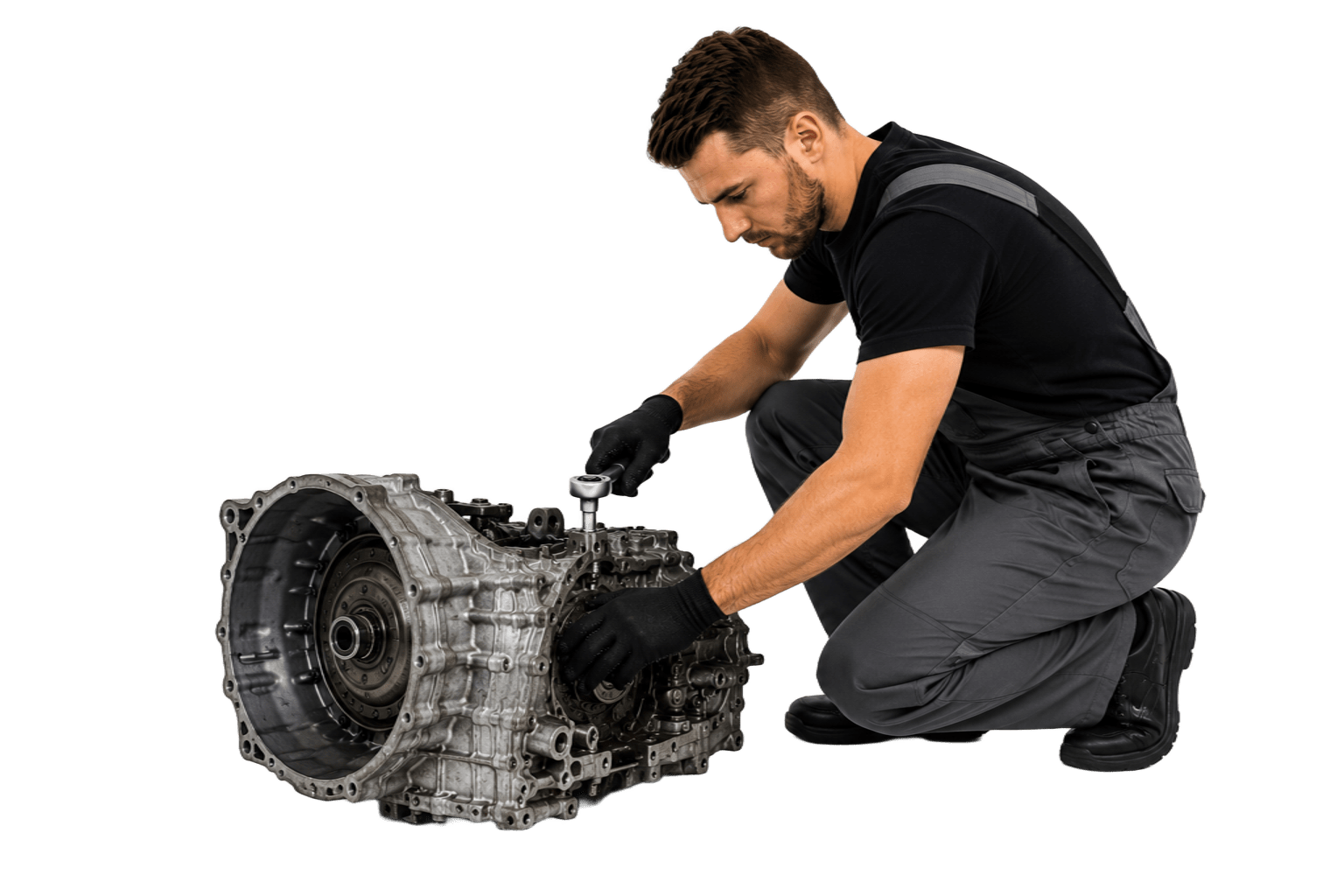 Mechanik przy naprawie automatycznej skrzyni biegów